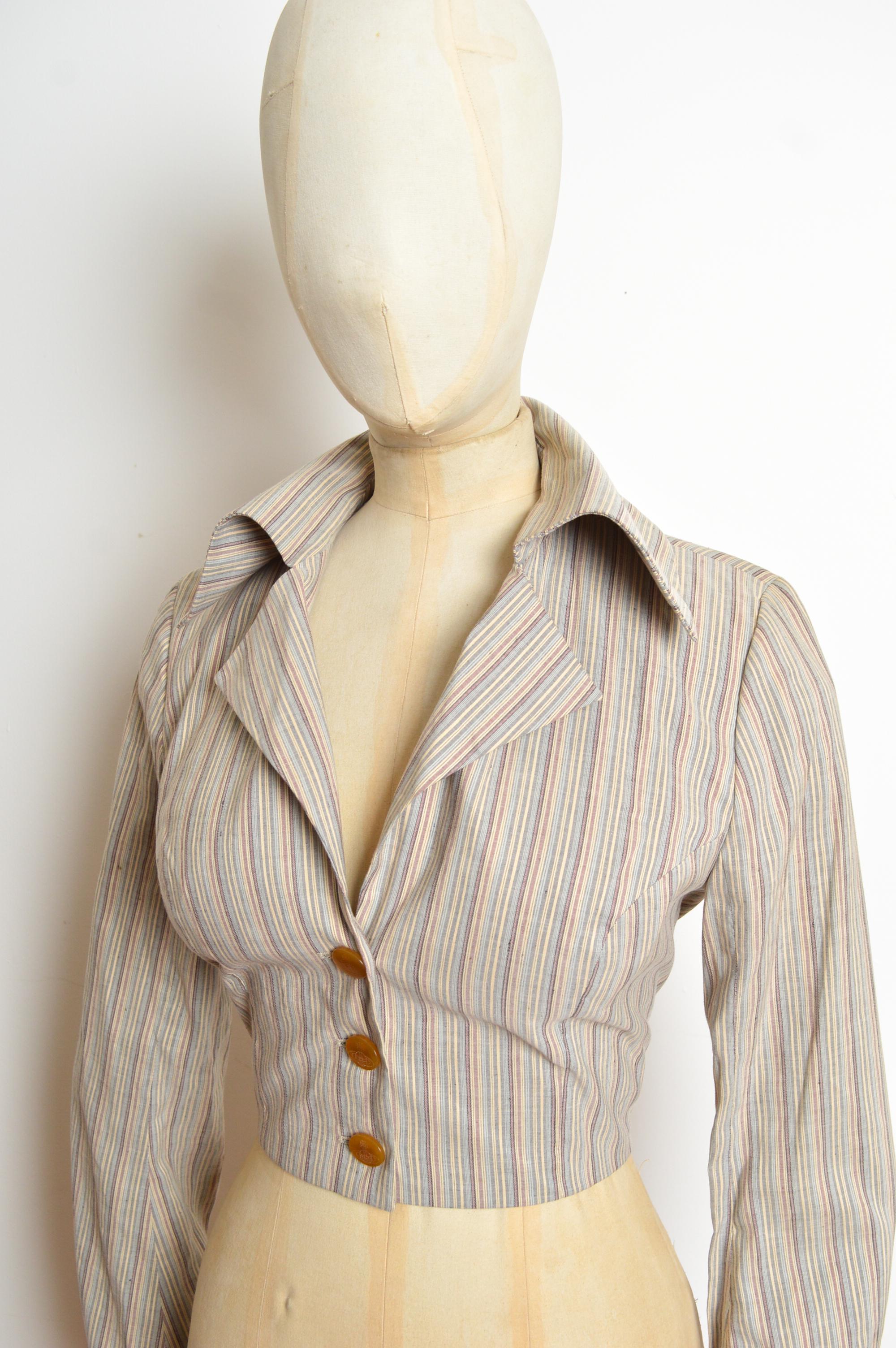 Beige 1990 Vivienne Westwood Pin Striped Cropped Fitted Giacca a righe in lino in vendita