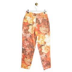 1990s Moschino Peach Orange Floral Print High Waisted Jeans