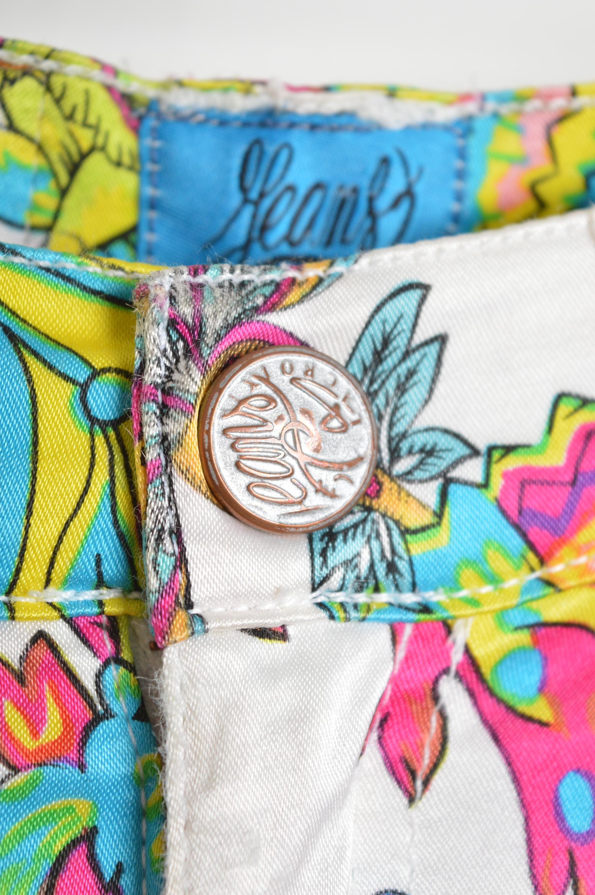 Pantalones vaqueros de satén Christian Lacroix de los años 90 con estampado de colores neón vibrantes en Bueno estado para la venta en Sheffield, GB