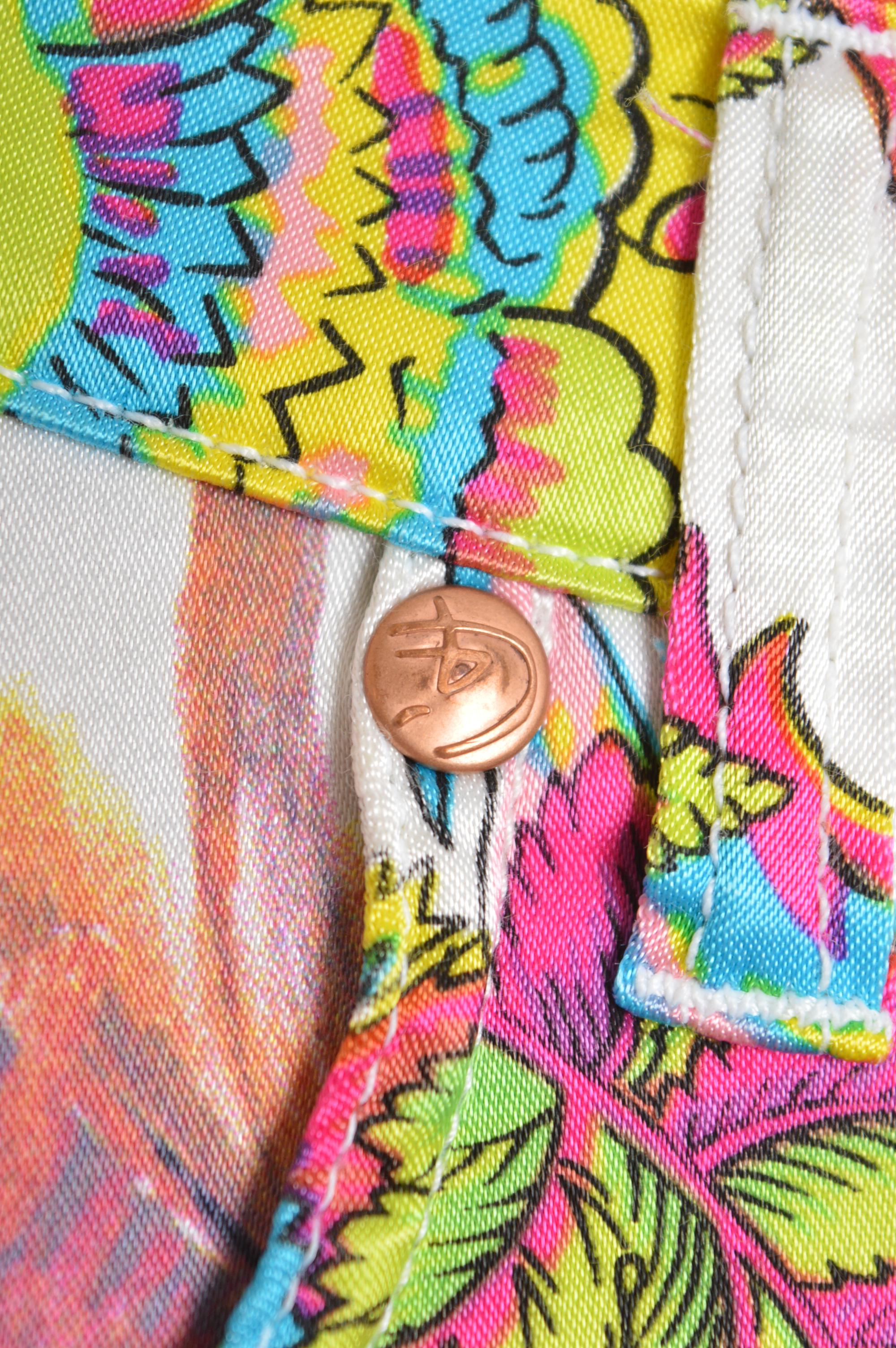 De las mujeres Pantalones vaqueros de satén Christian Lacroix de los años 90 con estampado de colores neón vibrantes en venta