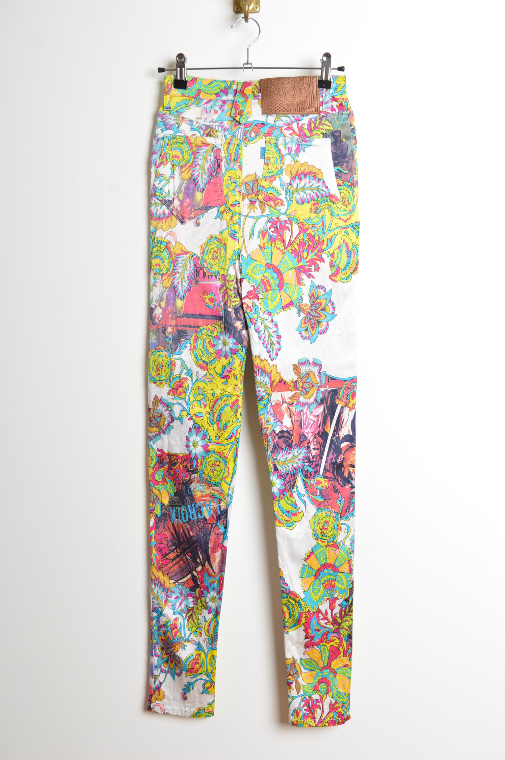 Pantalones vaqueros de satén Christian Lacroix de los años 90 con estampado de colores neón vibrantes en venta 3