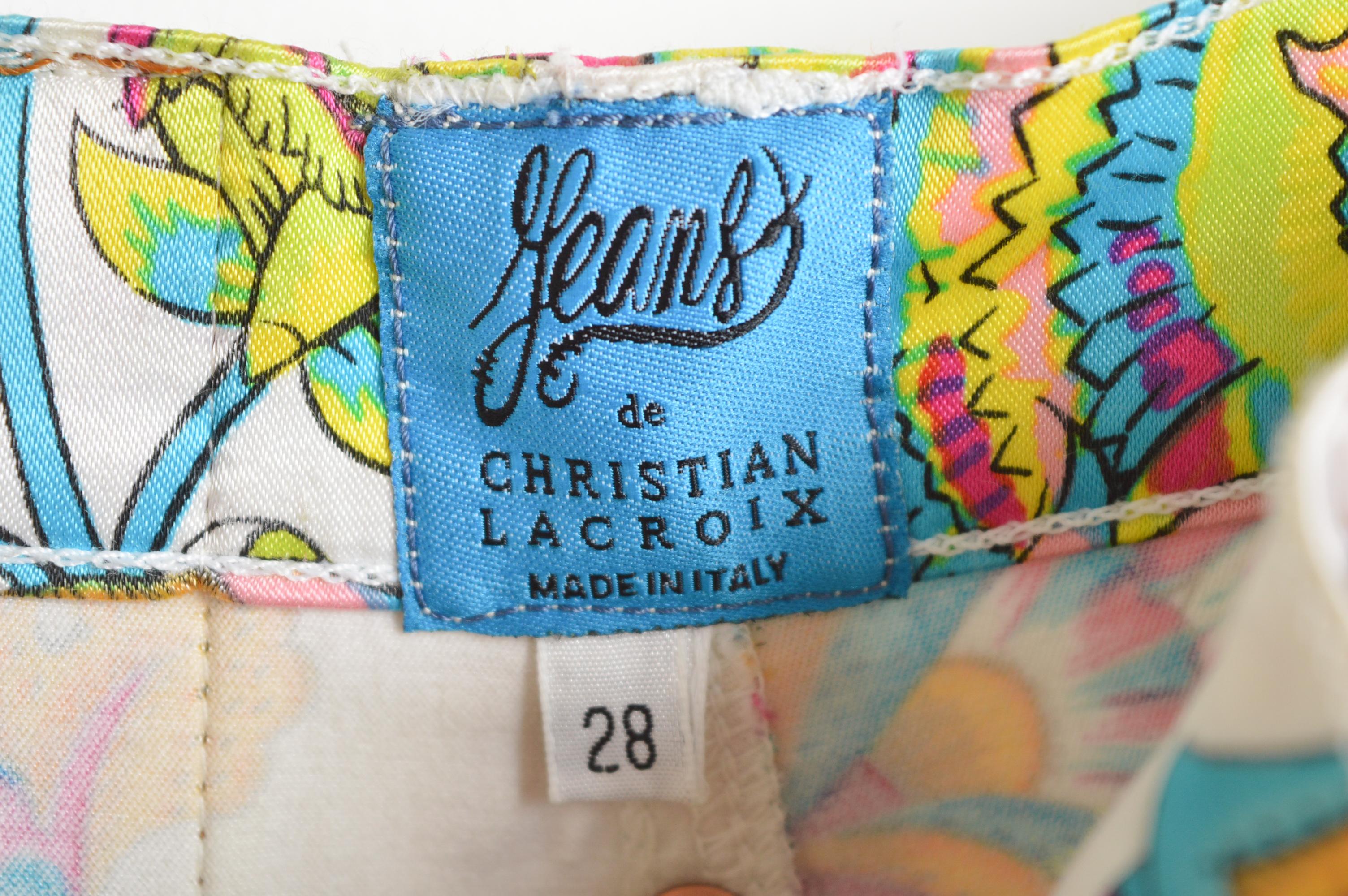 Pantalones vaqueros de satén Christian Lacroix de los años 90 con estampado de colores neón vibrantes en venta 2