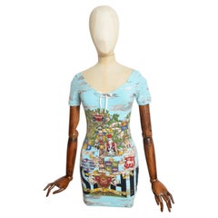 Archival 1990s Moschino Cloud Print Jersey Colourful Baby Blue micro mini dress