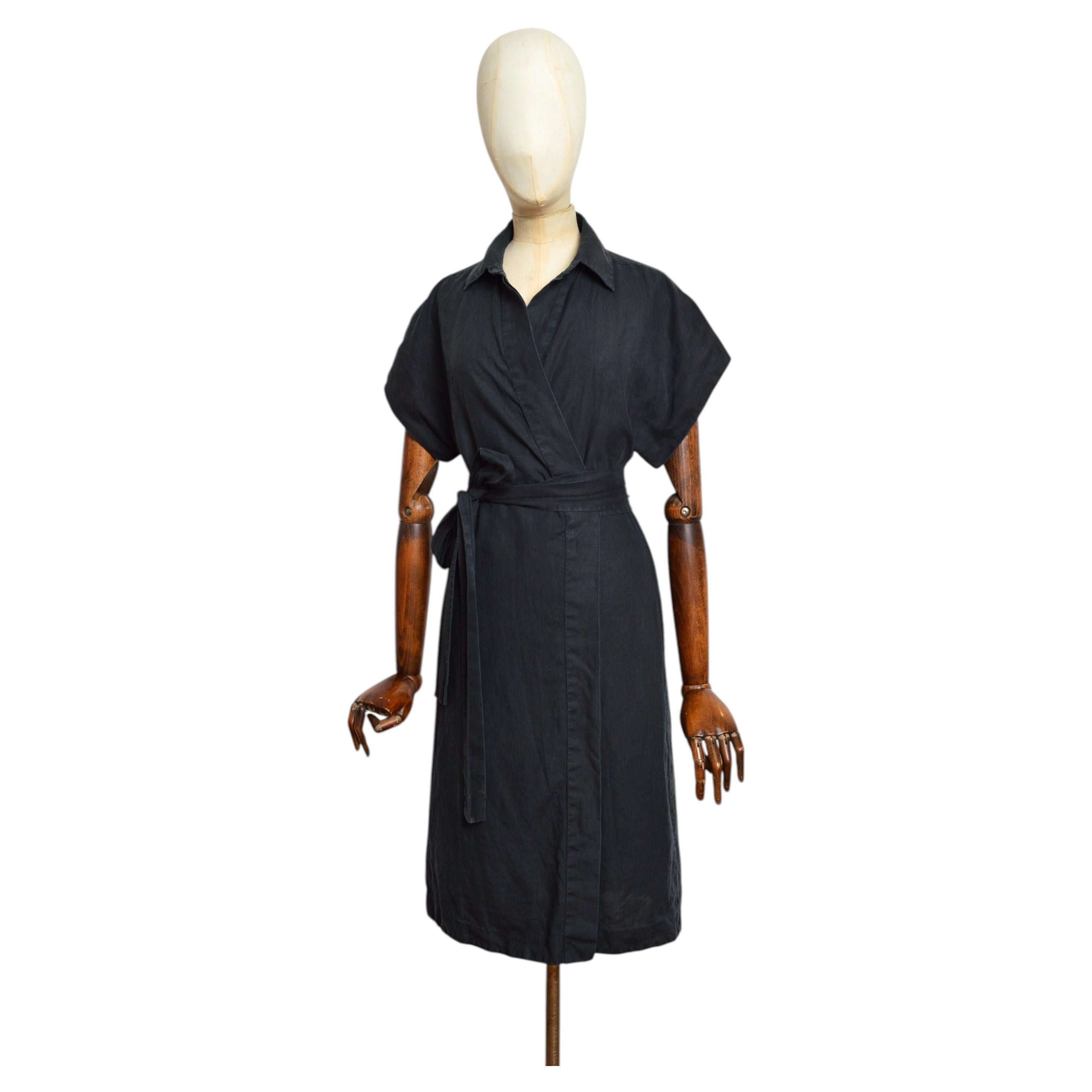 YSL Yves Saint Laurent 1990s black linen wrap around Shirt dress