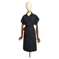 YSL Yves Saint Laurent 1990s black linen wrap around Shirt dress