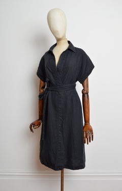 YSL Yves Saint Laurent 1990s black linen wrap around Shirt dress