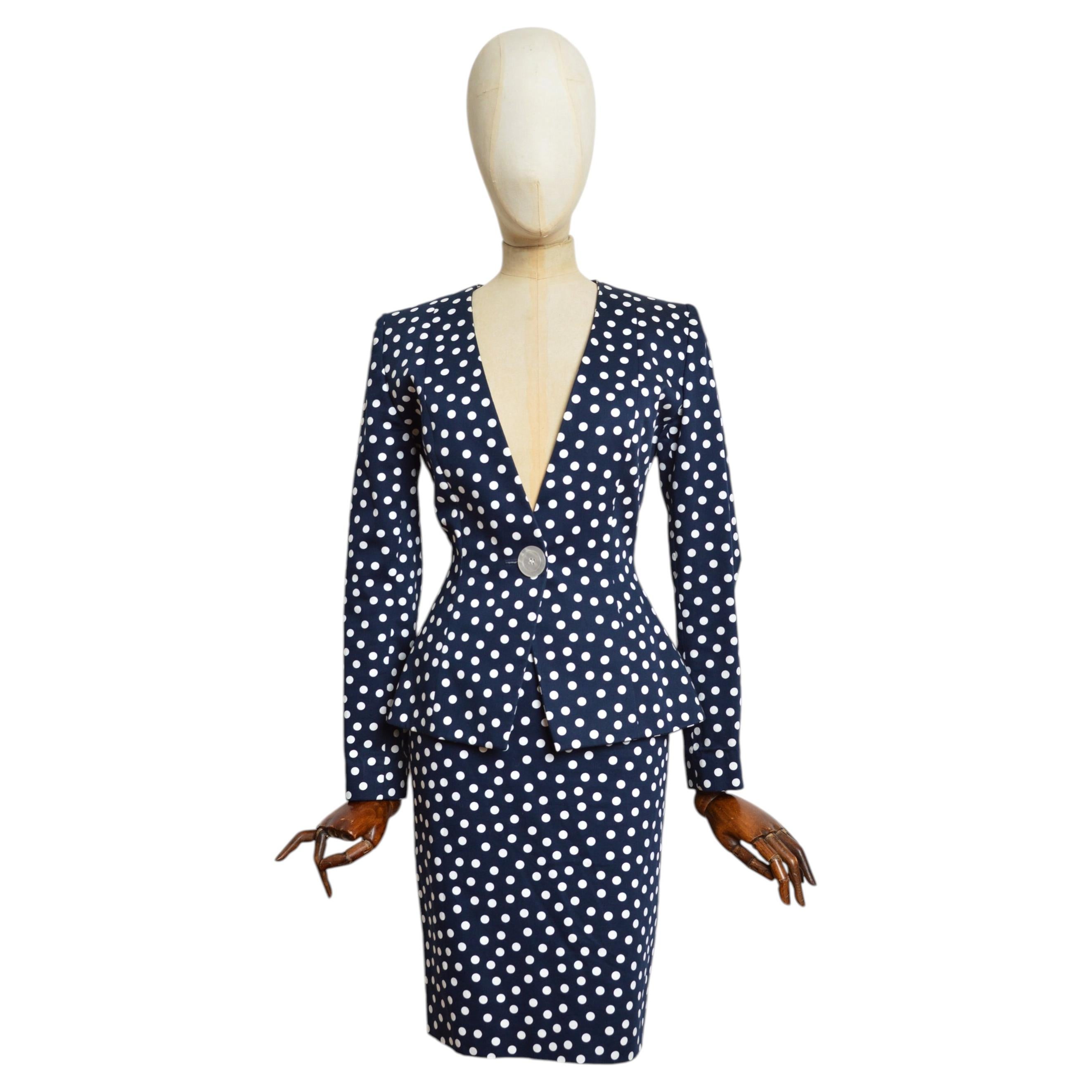Yves Saint Laurent S/S 1998 Navy blue Polka Dot Blazer Jacket Pencil Skirt Suit