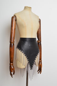 1980’s Glam Rock Black Leather Fetish Silver fringed Chain Punk Belt Skirt