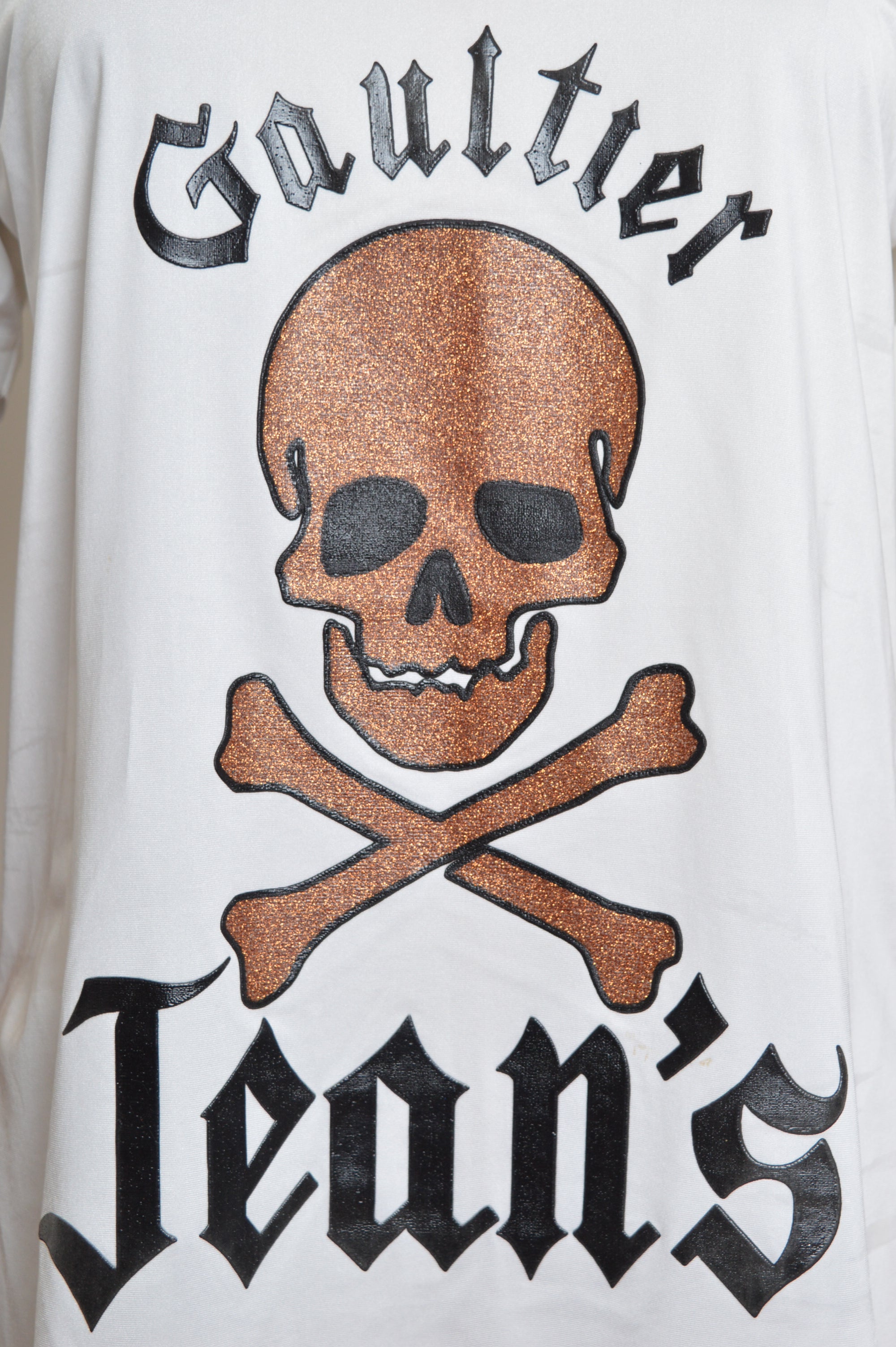 1990's JPG Jean Paul Gaultier White Skull and Cross bones Slogan