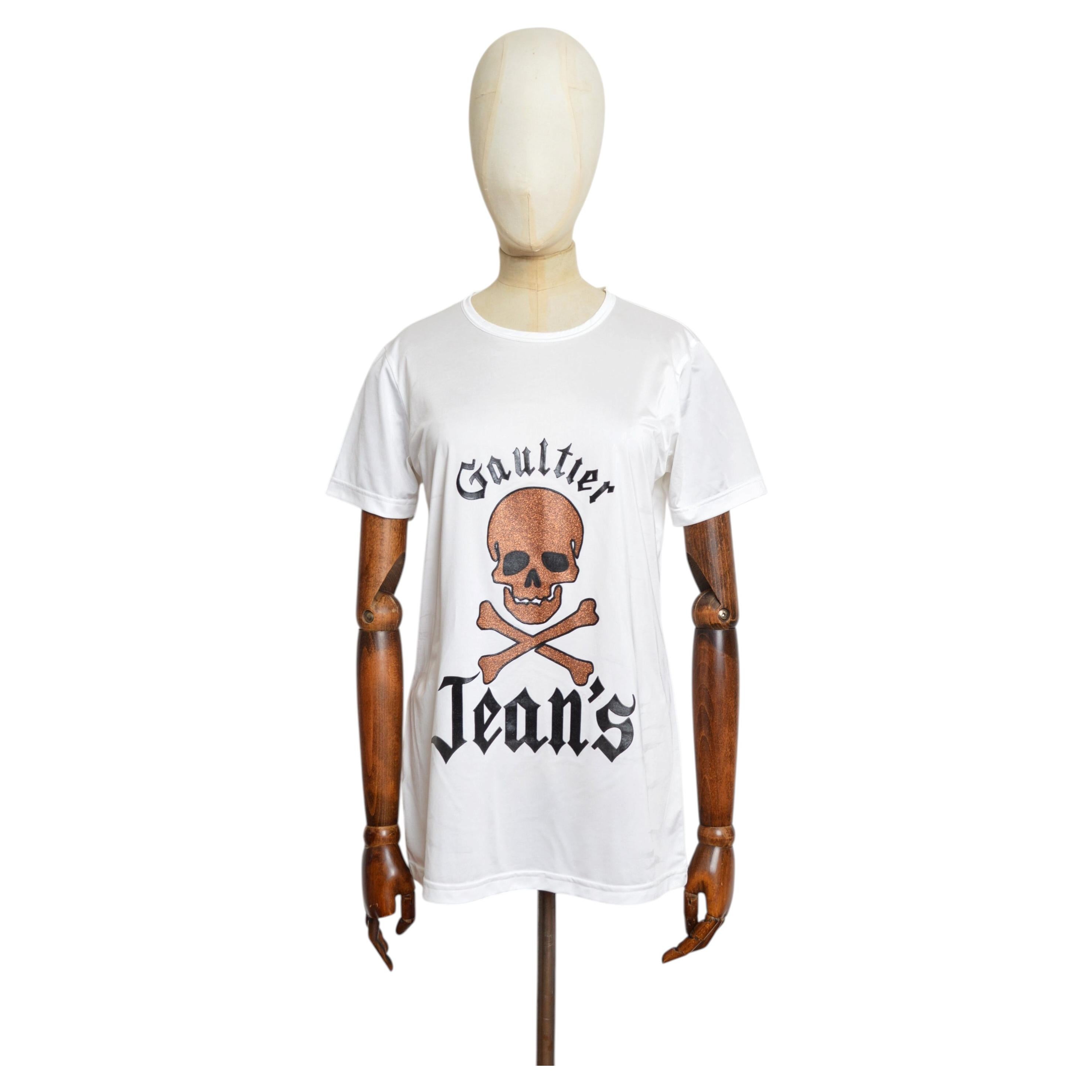 1990's JPG Jean Paul Gaultier White Skull and Cross bones Slogan