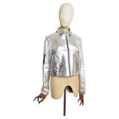 2016 LOUIS VUITTON Resort Silver Lambskin Leather Cropped Metallic Jacket