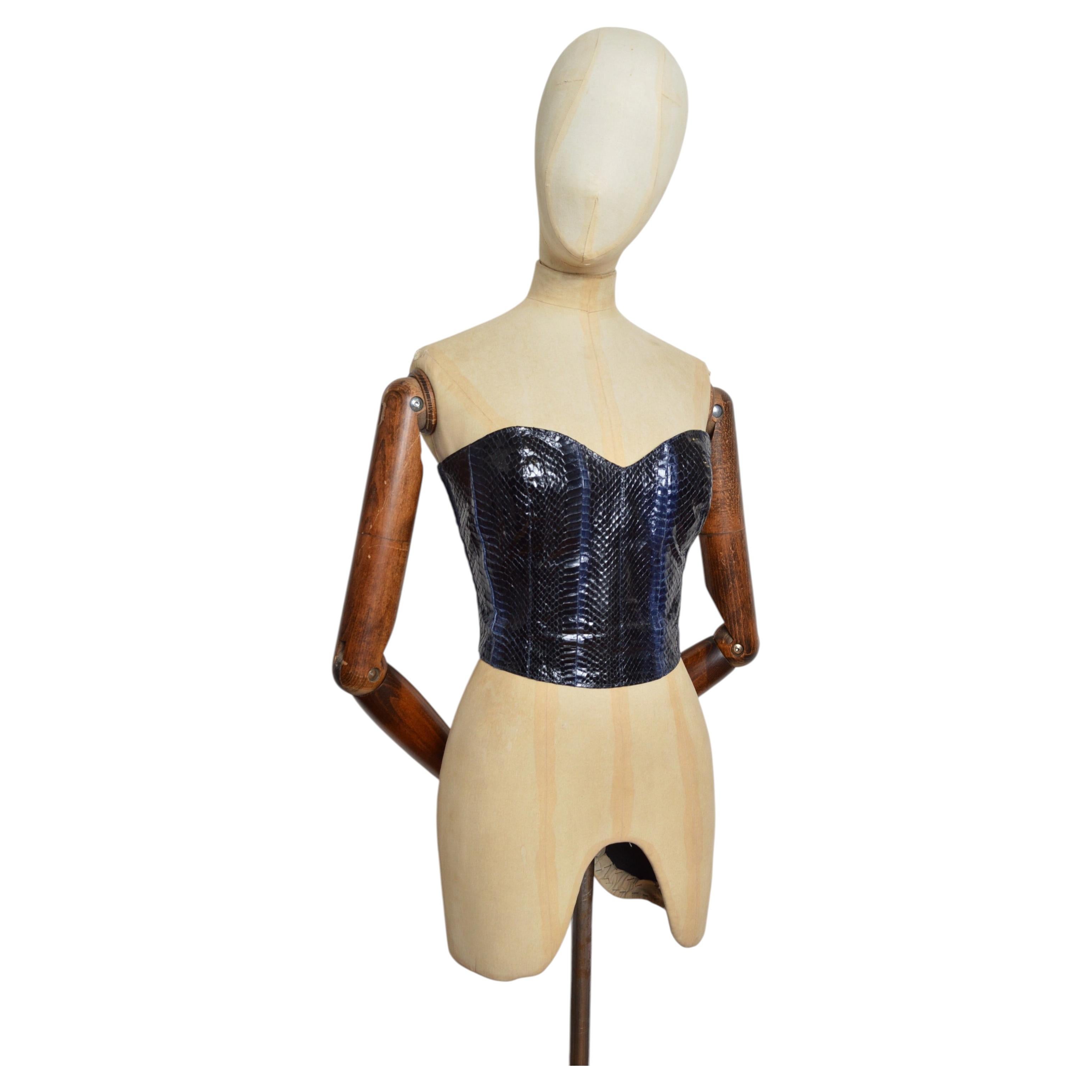 80s Midnight Blue Python snake skin leather Bustier - Strapless Corset Top For Sale