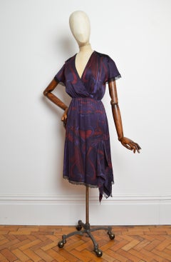 MIU MIU Vintage Silk Purple Lace Trim Art Nouveau Pattern Wrap front Tea Dress