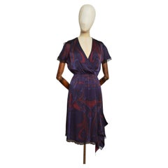 MIU MIU Vintage Silk Purple Lace Trim Art Nouveau Pattern Wrap front Tea Dress