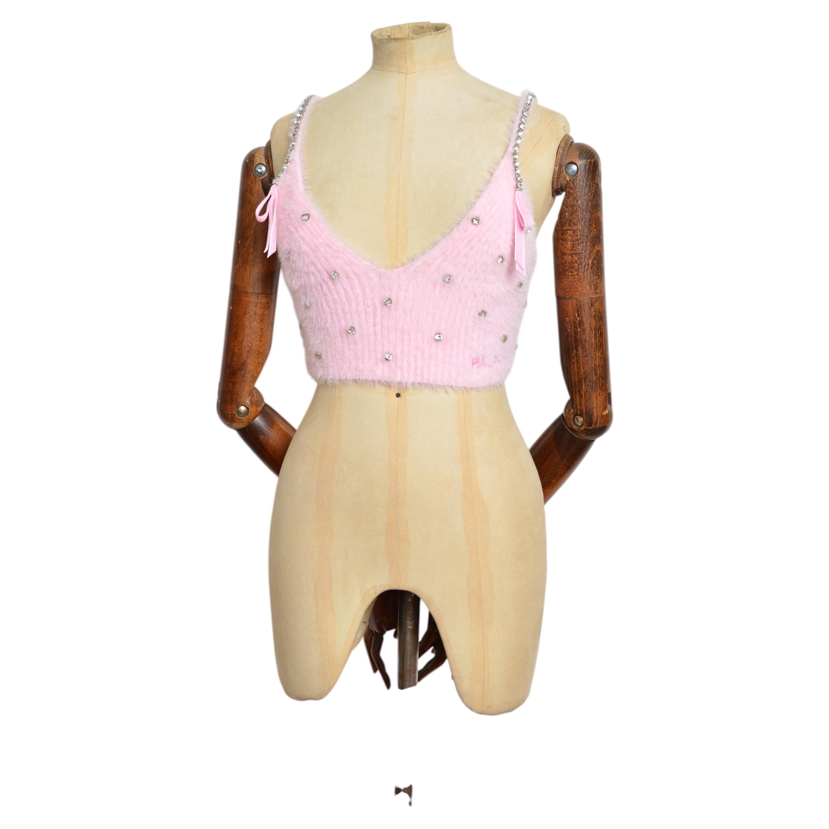 Philosophy Lorenzo Serafini F/W 2023 Fuzzy Baby Pink Diamonté Camisole Crop Top