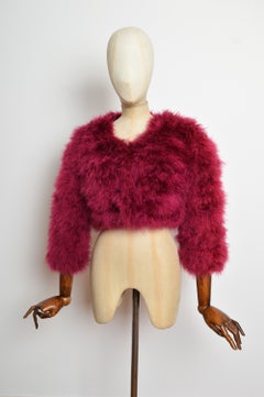 2000’s Vintage Raspberry Red Burgundy Marabou Feather Cropped fluffy Jacket