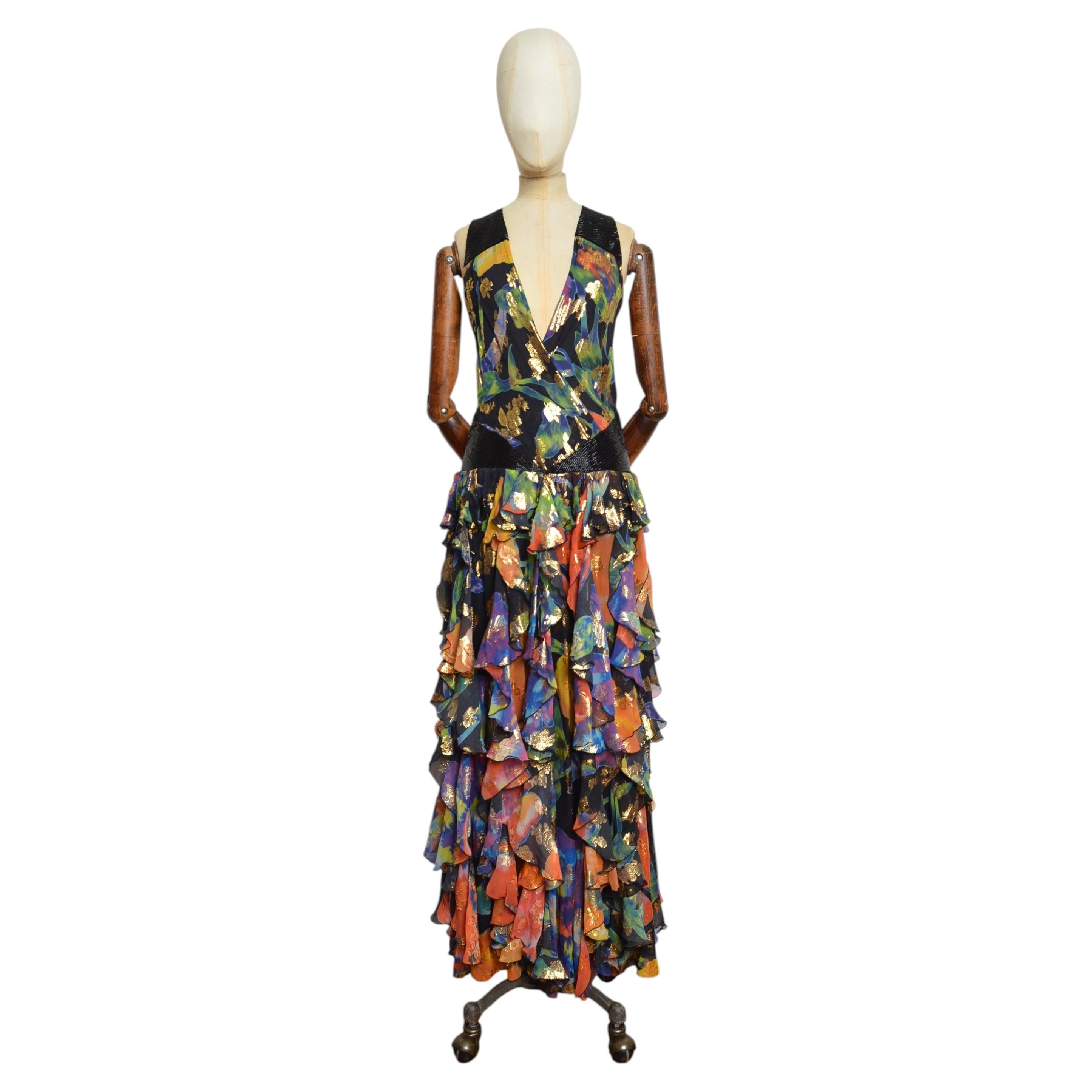 Matthew Williamson Resort 2009 Silk ruffle detail backless beaded evening dress For Sale