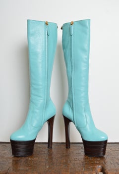 Pre Fall 2016 Gucci Peppermint Blue 1970’s disco Platform Leather Boots 36.5