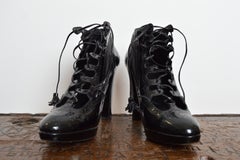 1990s Jean Paul Gaultier Patent Black Lace up Brogue High Heels Court shoes EU40