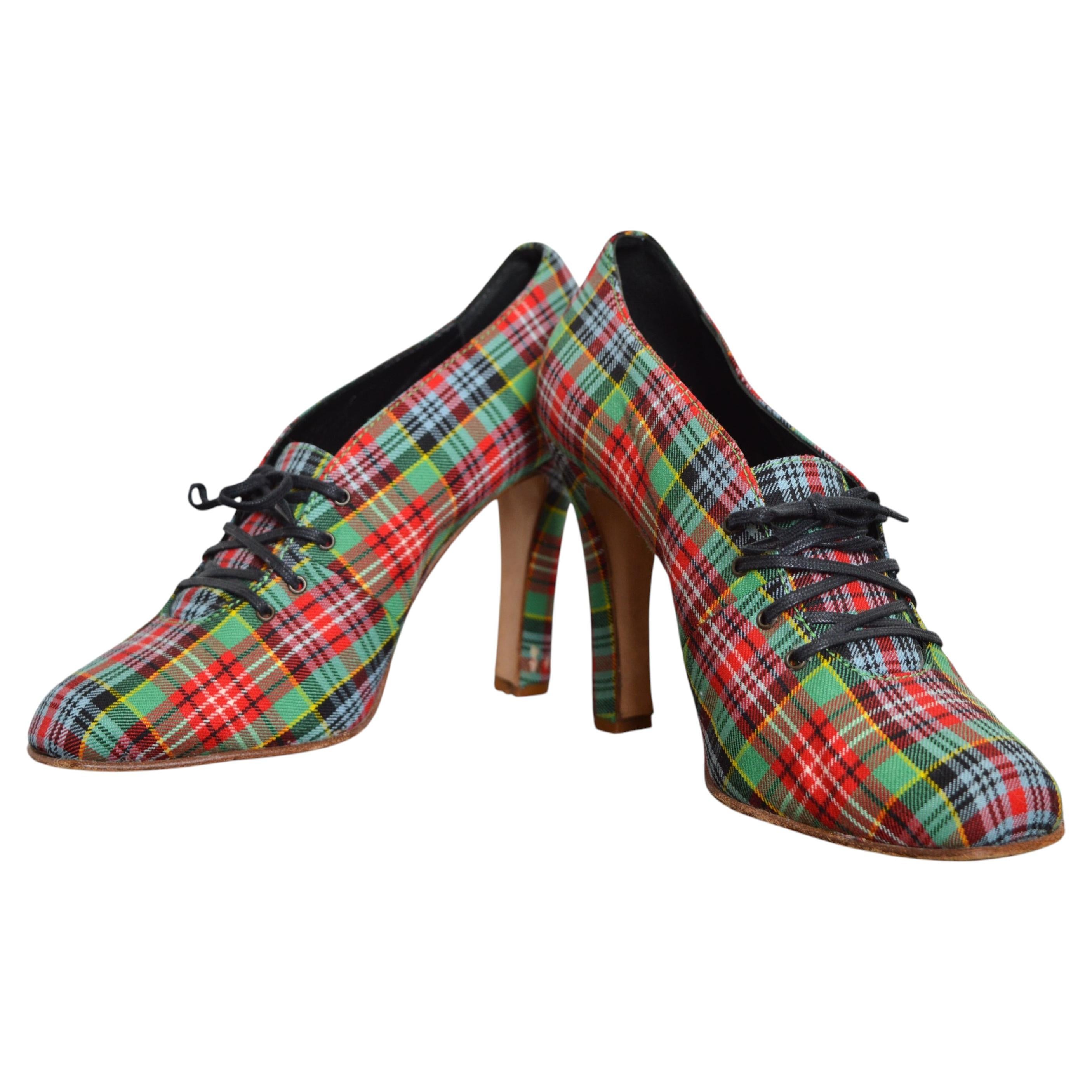 1990’s Manolo Blahnik Archival Tartan Red & Blue Lace up High Heels / Shoes 39.5