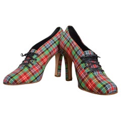 1990’s Manolo Blahnik Archival Tartan Red & Blue Lace up High Heels / Shoes 39.5
