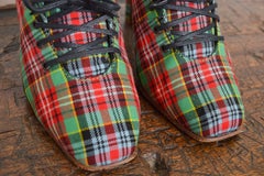 1990’s Manolo Blahnik Archival Tartan Red & Blue Lace up High Heels / Shoes 39.5