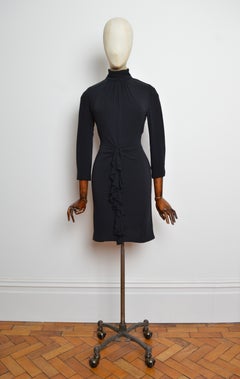 Versace Black Silk High Neck 3/4 Sleeve Ruffle Mini Dress
