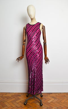 2000s Silk Hot Pink & Black Sequin Bias Cut Floor Length Evening Maxi Dress Gown
