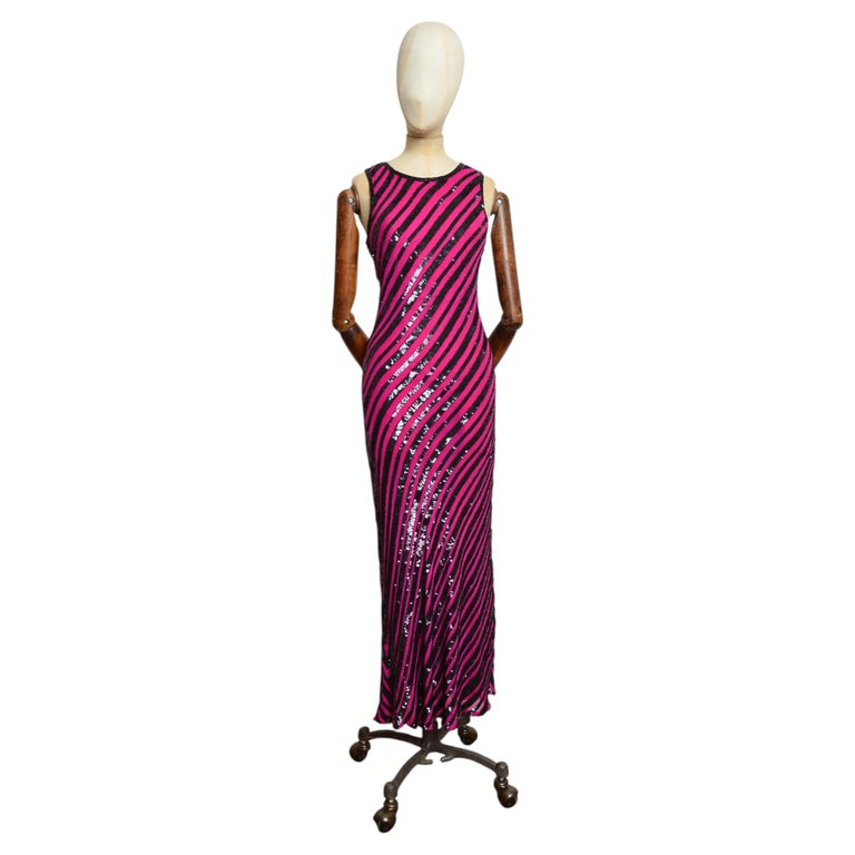 2000s Silk Hot Pink and Black Sequin Bias Cut Floor Length Evening Maxi Dress Gown For Sale at 1stDibs