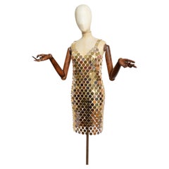 Miniabito slip con paillettes a forma di disco iconico PACO RABANNE, argento e oro, annata 1996