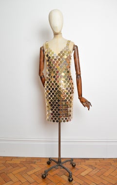 Miniabito slip con paillettes a forma di disco iconico PACO RABANNE, argento e oro, annata 1996