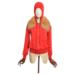 F/W 2003 Christian Dior by John Galliano Red Silk Bomber Fox Fur Hoodie Cardigan