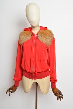 F/W 2003 Christian Dior by John Galliano Red Silk Bomber Fox Fur Hoodie Cardigan