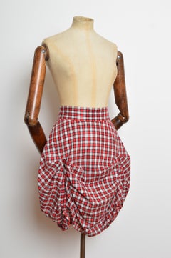 2000’s Sportmax Red Checked Tartan Plaid Rouched Cotton Mini Skirt 28"
