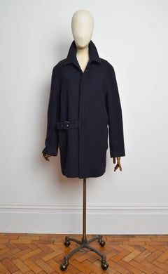 Circa 1998 MIU MIU Navy Blue Wool Pea Coat with Side Buckle Belt Detail