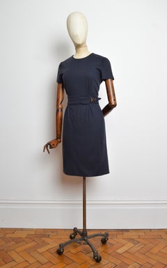 Gucci 2012 by Frida Giannini Midnight Blue Belted Wool Shift Office Dress