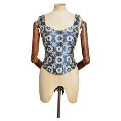 Bustier vintage in seta jacquard con motivo floreale blu e bianco "Marie Antoinette" degli anni '90