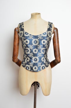 Bustier vintage in seta jacquard con motivo floreale blu e bianco "Marie Antoinette" degli anni '90