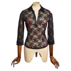 2000’s VERSACE Black & Red Lace Mesh See Through - Sheer Fitted Shirt