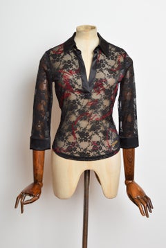 2000’s VERSACE Black & Red Lace Mesh See Through - Sheer Fitted Shirt