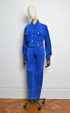 1990’s Versace Cerulean Blue Suede Jacket & Matching High Waist Pants