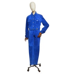 1990’s Versace Cerulean Blue Suede Jacket & Matching High Waist Pants