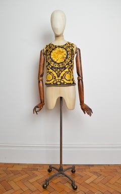 1990s ATELIER VERSACE Gold & Navy Blue Baroque Rococo Silk Sleeveless Blouse Top