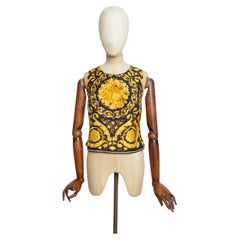 1990s ATELIER VERSACE Gold & Navy Blue Baroque Rococo Silk Sleeveless Blouse Top