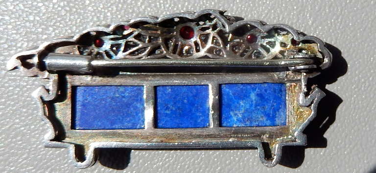 French Art Deco Sterling Pin w/Lapis Lazuli In Good Condition In Winnetka, IL