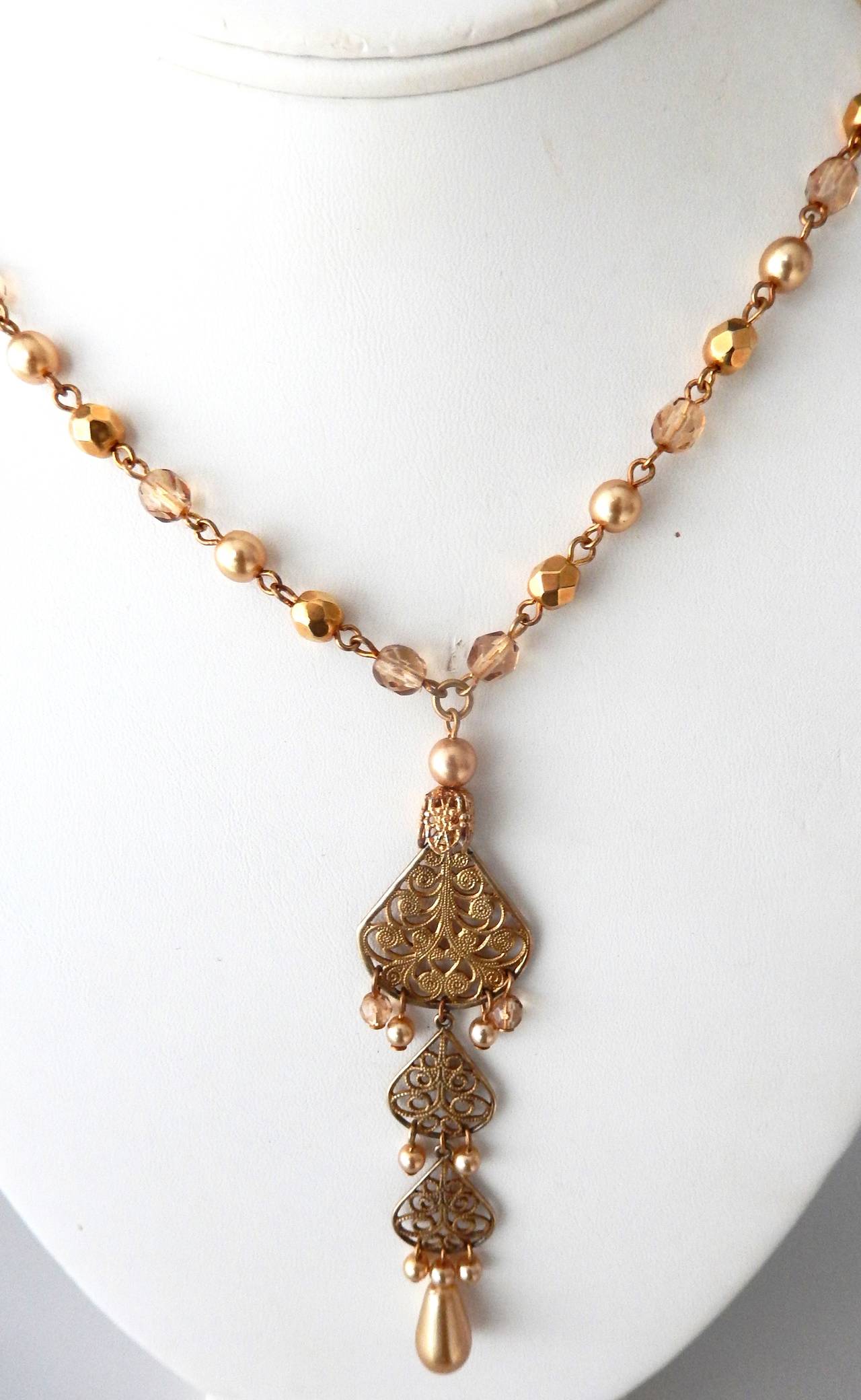 1970s Miriam Haskell Faceted Bead and Pearl Necklace with Pendant For Sale 3