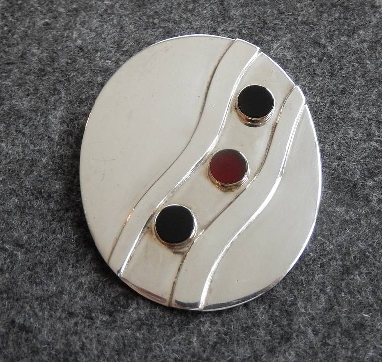 1960s Pierre Cardin Space-Age, Sterling Silver, Onyx, Carnelian and 14K Pin