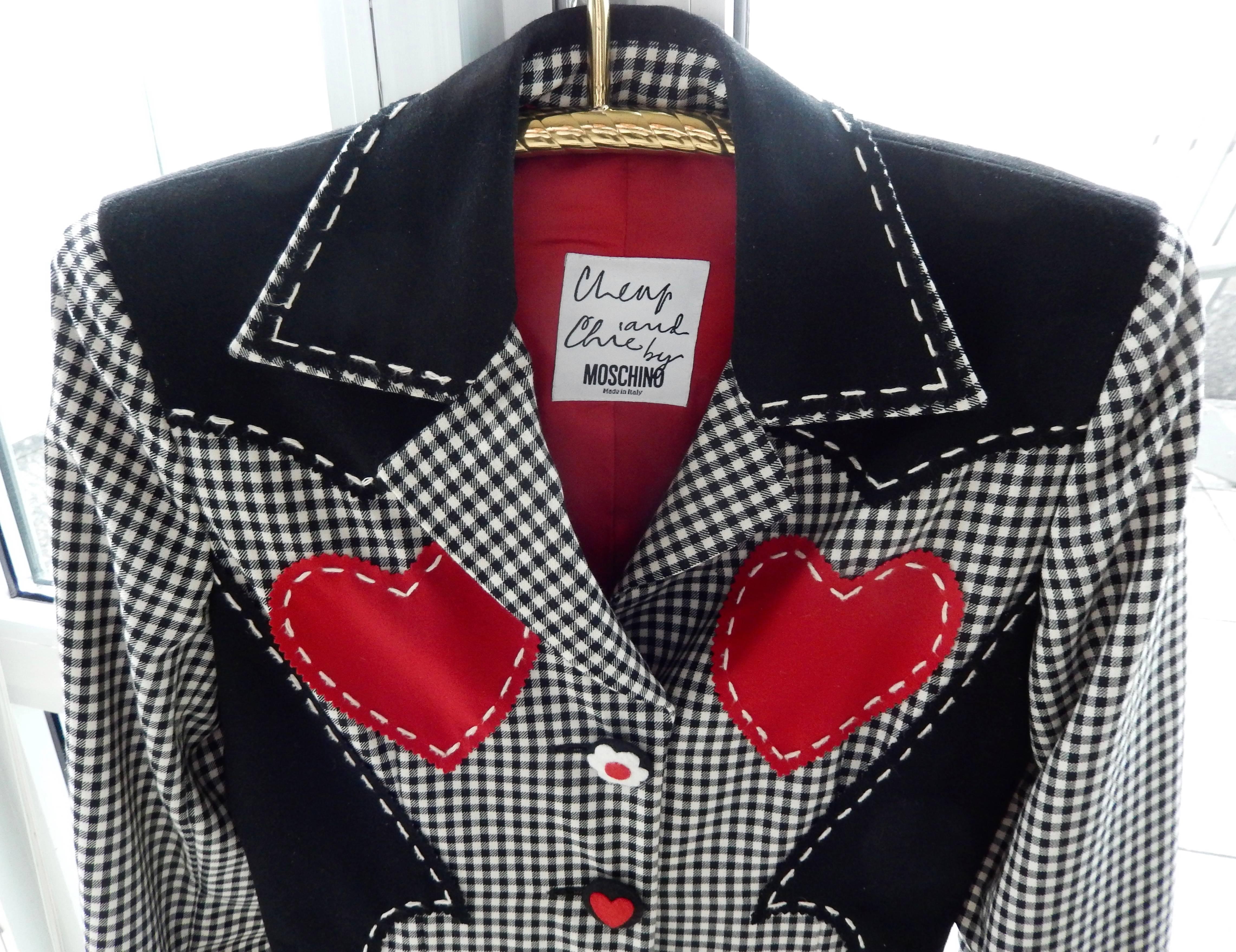 Black 1990s Moschino Red Hearts Wool Jacket For Sale