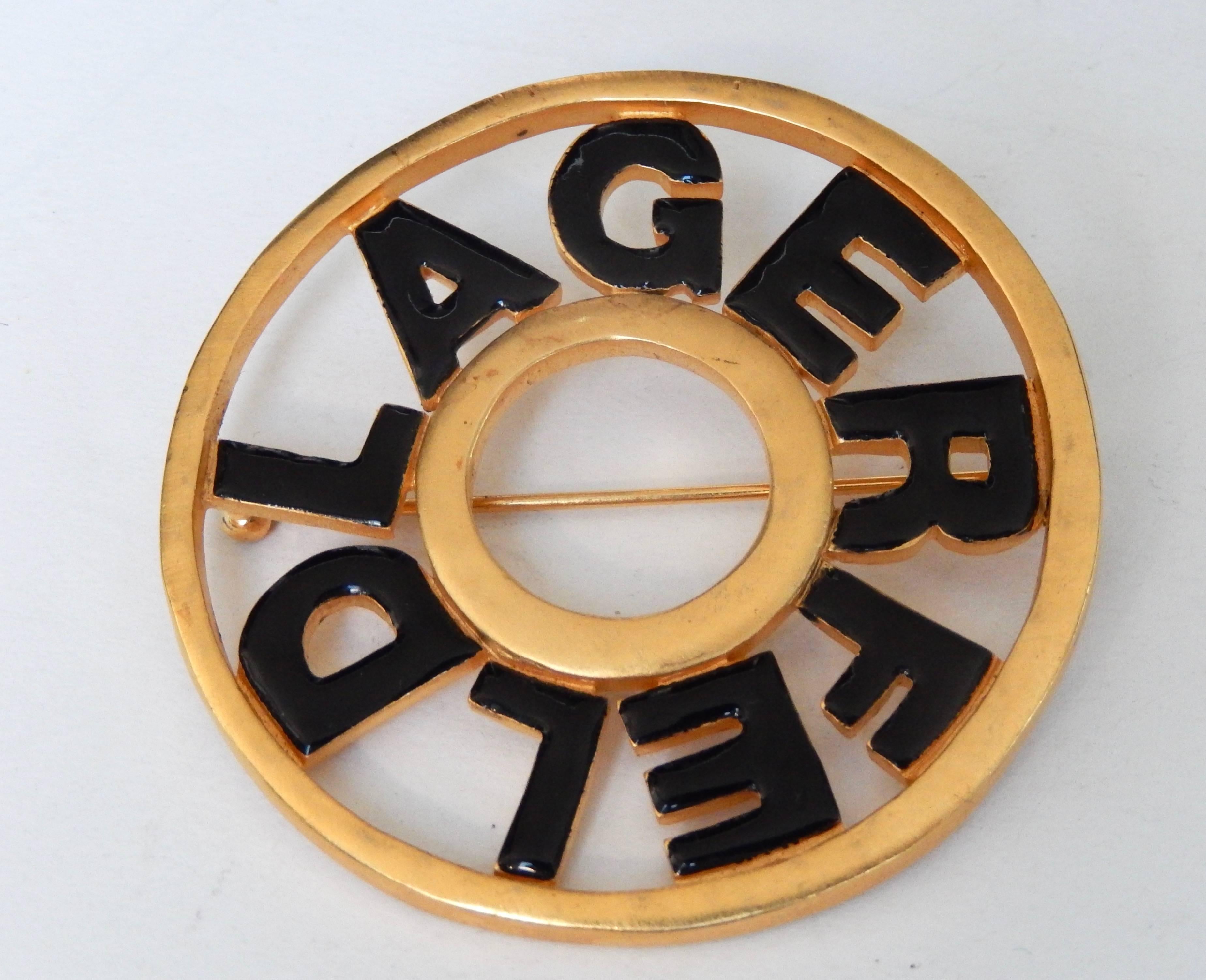 Modern 1980s Karl Lagerfeld Signature Gold Tone and Enamel Brooch For Sale