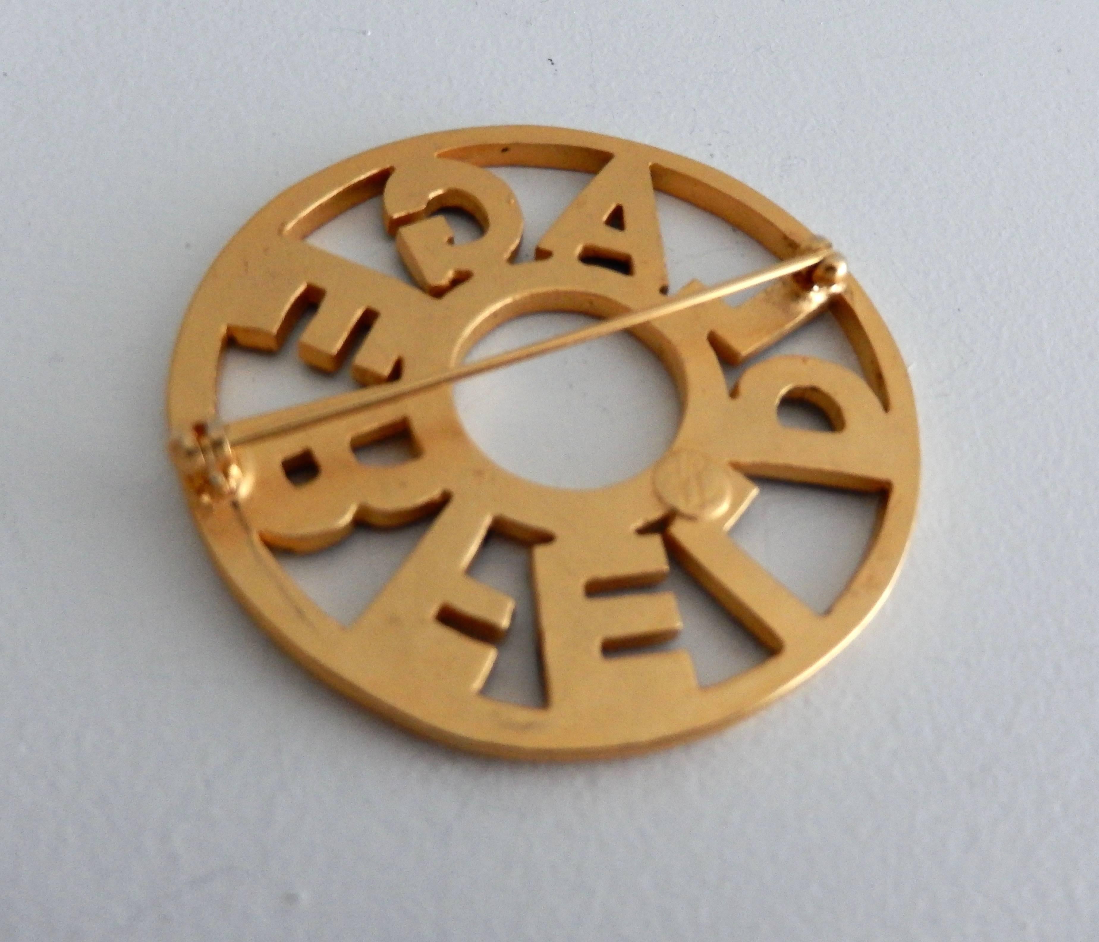 Women's or Men's 1980s Karl Lagerfeld Signature Gold Tone and Enamel Brooch For Sale